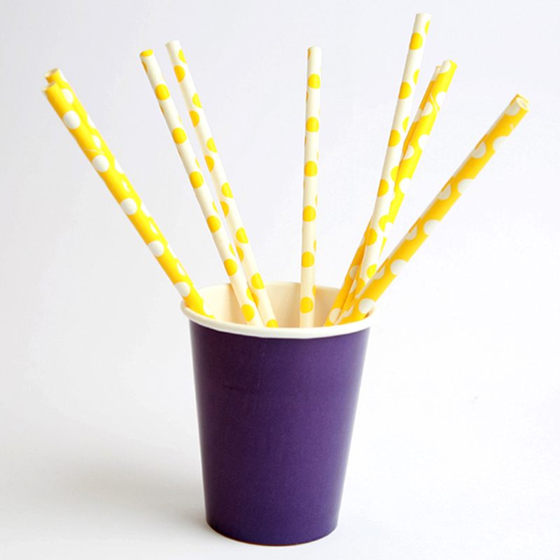 20 yellow and white dotted paper straws