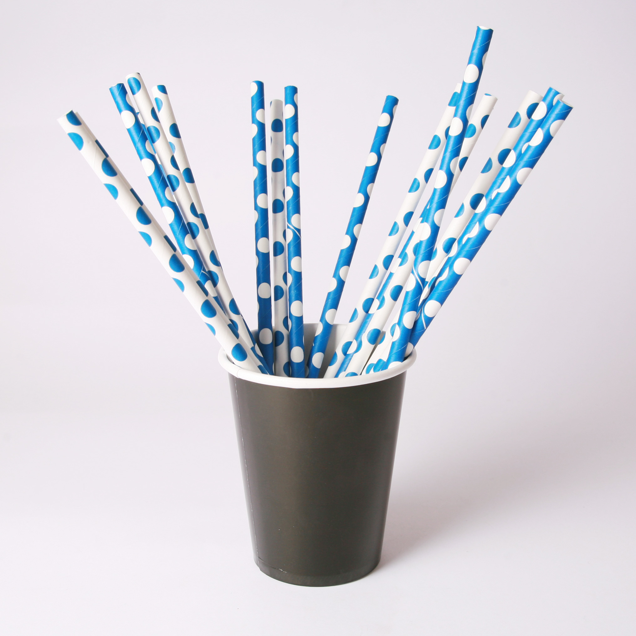 20 blue and white polka dot paper straws