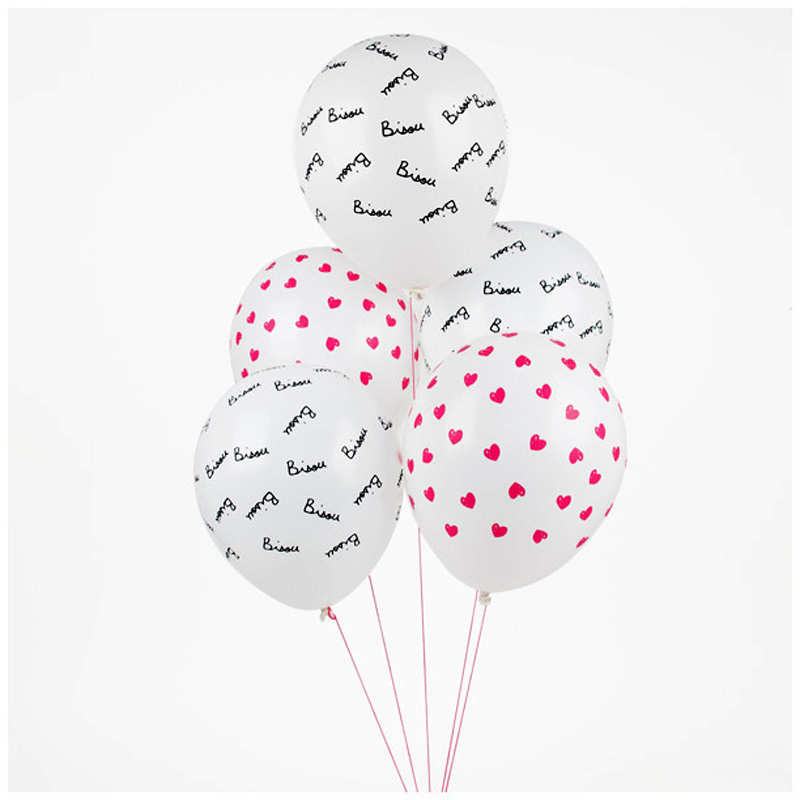 5 printed heart & "Bisou" balloons