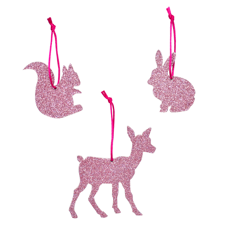 3 glitter animals with strings - Pink