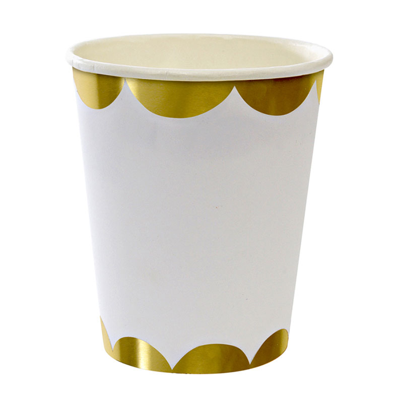 8 White with Gold Scollop Party Cup