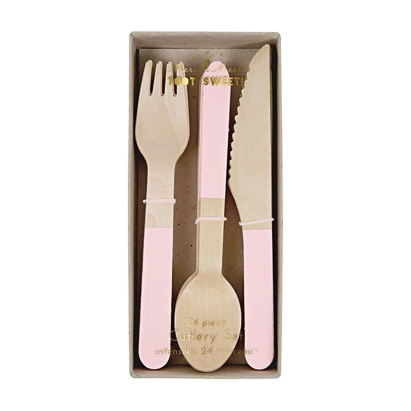 24 Soft Pink Wooden Cutlery Set