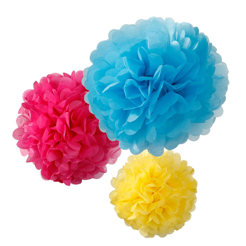 3 multi-coloured pom poms