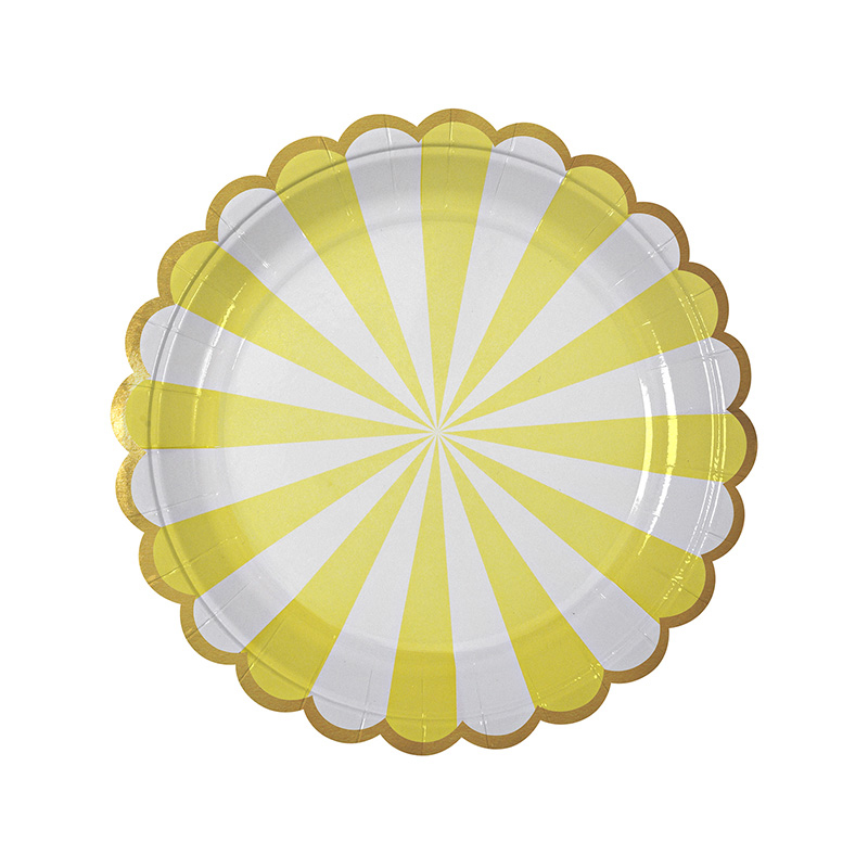 8 yellow striped plates