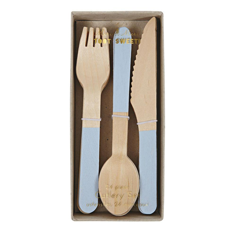 24 baby blue Wooden Cutlery Set