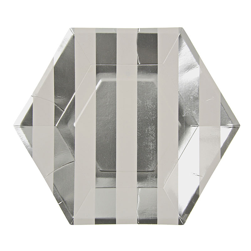 8 large Silver striped Hexagon Plates