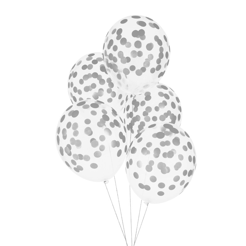 5 silver printed confetti balloons