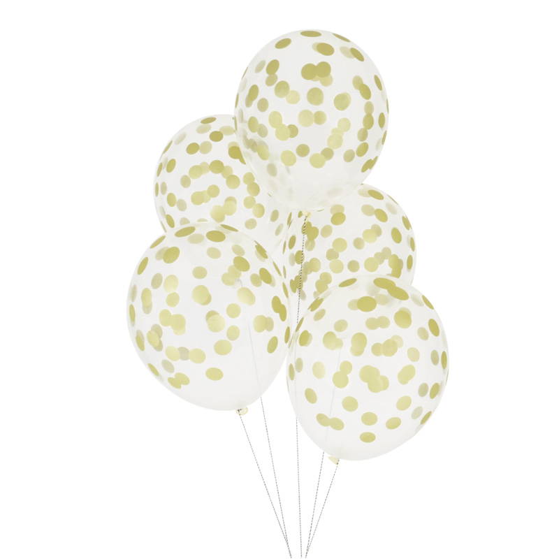 5 gold printed confetti balloons