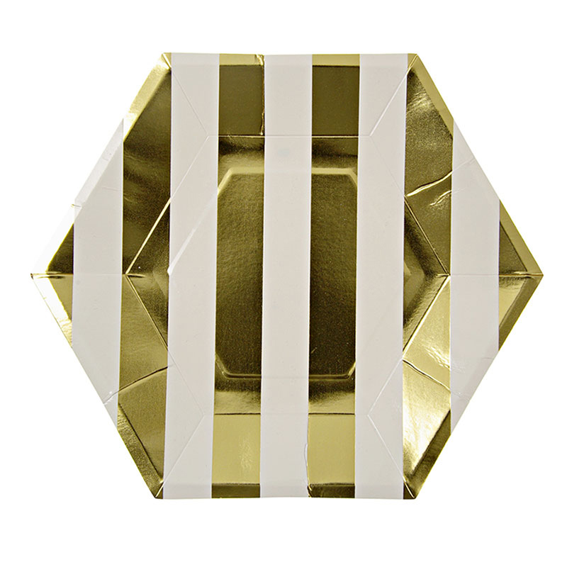 8 large gold striped Hexagon Plates