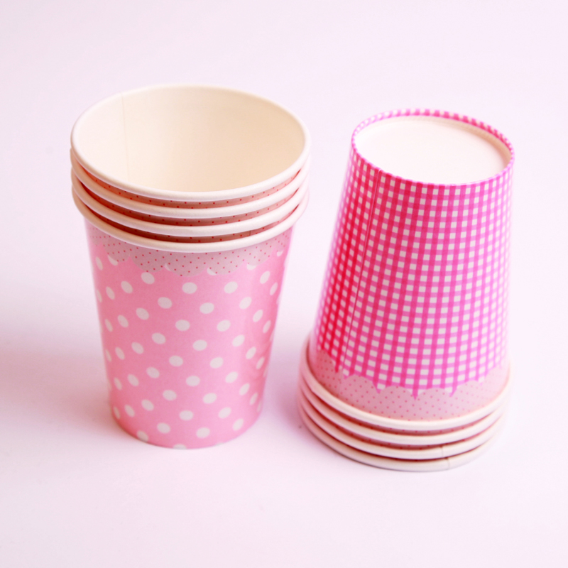 8 pink polka dot cups